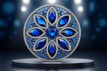 Luxury jewelry brooch shining with blue sapphires and diamonds on rotating display
