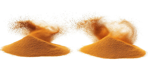 Two Piles of Orange Powder Exploding Keywords: powder, orange, explosion, burst, dust isolated on a transparent background