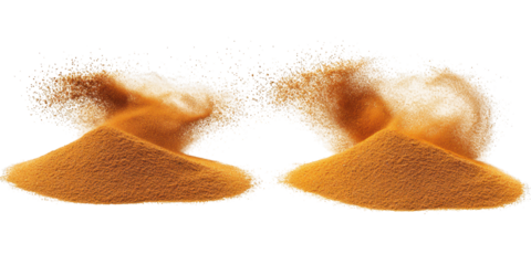 Two Piles of Orange Powder Exploding Keywords: powder, orange, explosion, burst, dust isolated on a transparent background