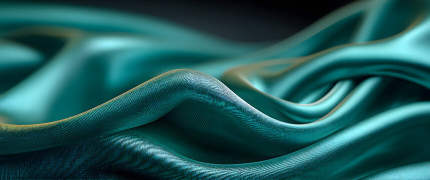 Beautiful green blue silk atin background. Wavy fold on shiny fabric. Luxury drk teal background with spce for design. Web banner.Flat lay, table top view. irthday, Christmas, Valentne
