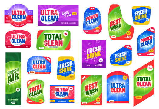 Label of cleanser, liquid soap and detergent packages. Vector set of cleaning product emblems for brands such as ultra, power and total clean, best wash, fresh shine and fresh air household production