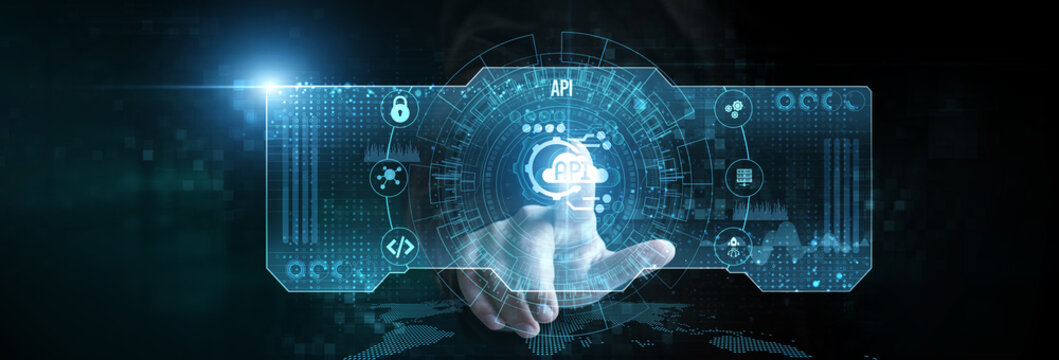 Businessman touching the API icon on the digital screen analyzing data. system integration, RESTful services, application connectivity, microservices architecture, seamless communication.