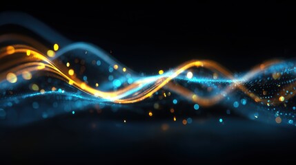 Abstract futuristic background with blue and gold glowing neon moving high speed wave lines and bokeh lights. Visualization of sound waves. Data transfer concept. Fantastic wallpaper.