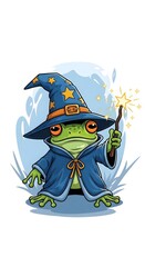 A cartoon green frog dressed as a wizard wearing a blue star patterned hat and robe holding a glowing magic wand