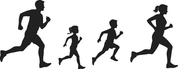 Running family silhouette collection, man, woman, boy, girl in profile, black drawing, fitness, health icon