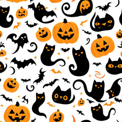 halloween seamless pattern with pumkin and black cat