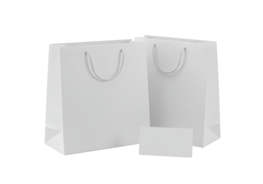 transparent paper shopping bags, one front, one layered, with a refined white paper card, on a seamless transparent background, diffused studio lighting, shadowless product photography concept
