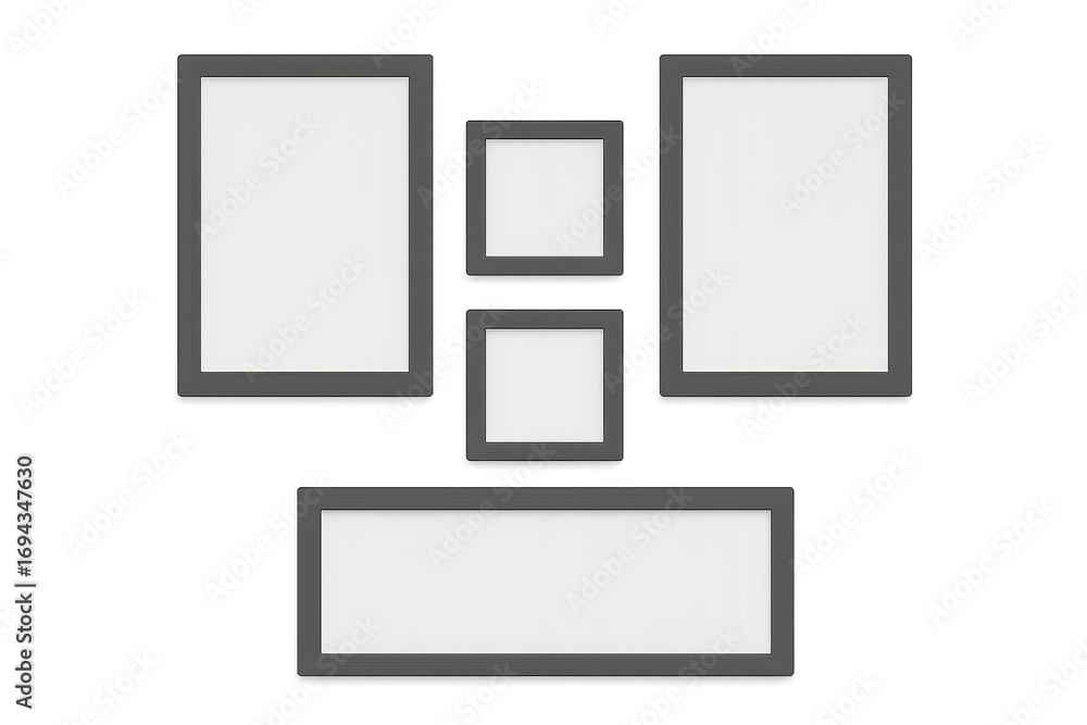 Poster collection of blank picture frames arranged on transparent background for display