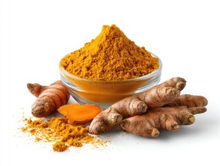 Turmeric powder in glass bowl, with fresh roots