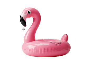 Vibrant pink glossy PVC inflatable flamingo pool float, cartoon eye, single glistening water droplet, isolated on a clean transparent studio background. Concept for summer pool product