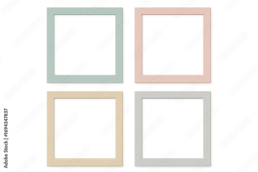 Poster set of four empty square picture frames in pastel colors on transparent background