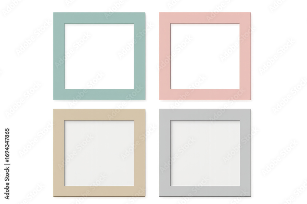 Poster four empty colorful picture frames isolated on transparent background