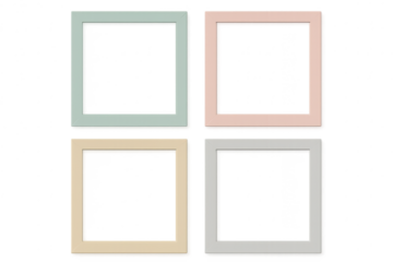 Set of four empty square picture frames in pastel colors on transparent background