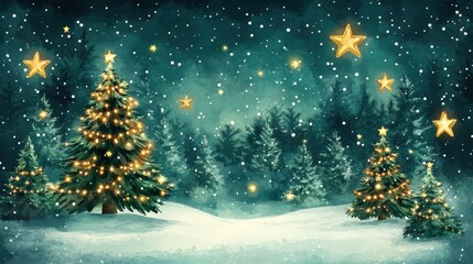 Winter wonderland with decorated trees and glowing stars under a snowy night sky