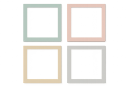 Set of four empty square picture frames in pastel colors on transparent background