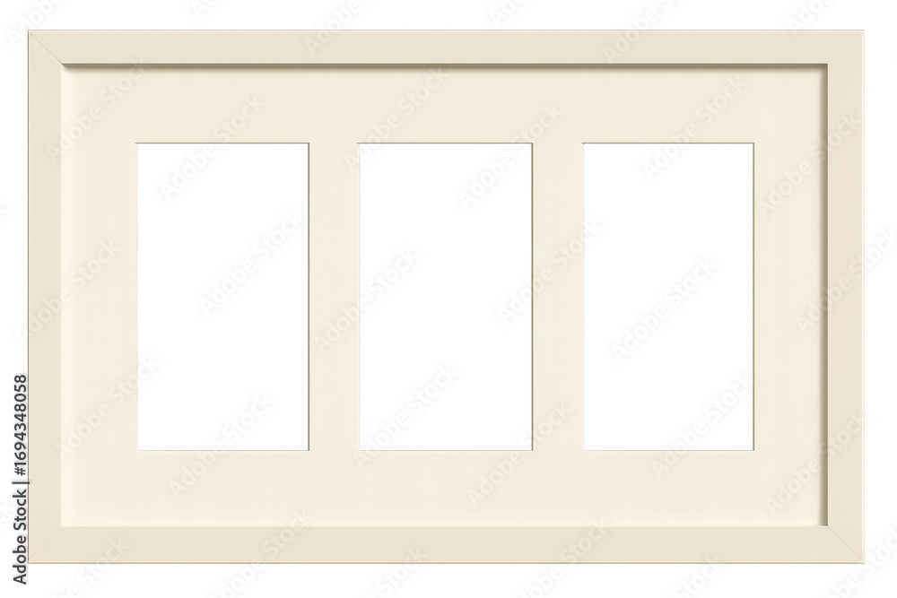 Poster cream triple photo frame with mat, isolated on transparent background for design