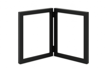 Modern black bi-fold picture frame open, isolated on transparent background