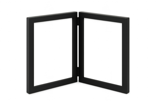 Modern black bi-fold picture frame open, isolated on transparent background