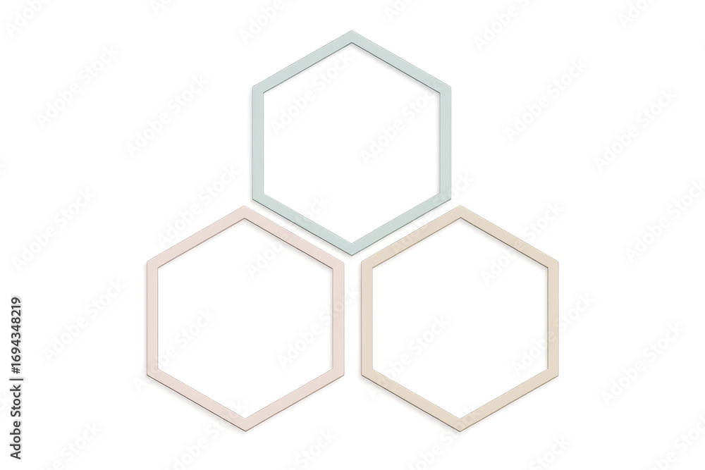 Poster pastel 3d hexagonal frames connected, isolated on transparent background.