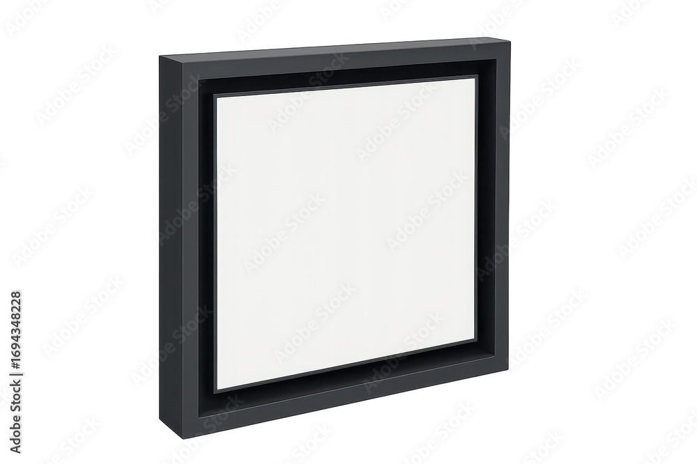 Poster black square picture frame with blank canvas, isolated on transparent background