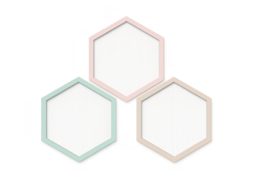 Three pastel hexagonal frames with white copy space, transparent isolated.