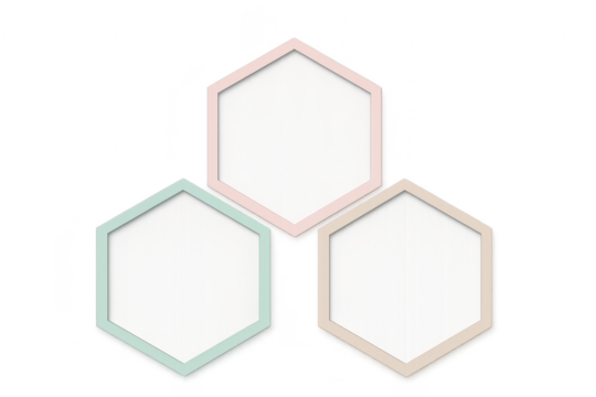 Three pastel hexagonal frames with white copy space, transparent isolated.