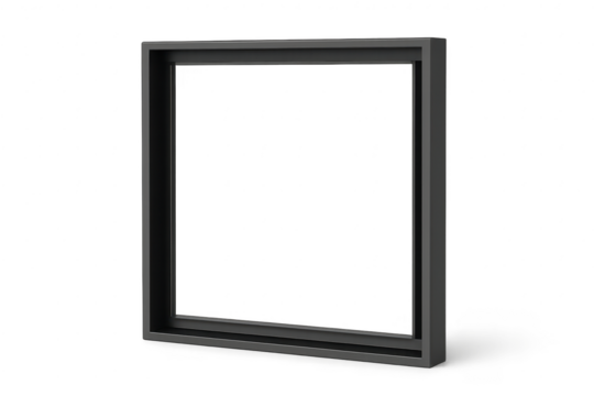 Sleek dark gray empty square frame isolated on transparent background