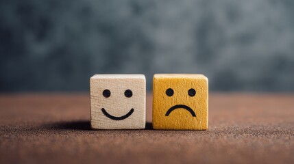 Mental health and emotional state, Smile face in bright side and sad face in dark side on wooden block cube for positive mindset selection, expression, mask, bipolar, generate by AI