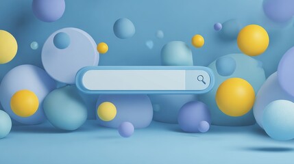Minimal abstract background for online shopping e-commerce concept. Search bar surrounded with floating elements on blue background. 3d vector illustration