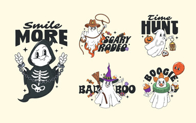 Hippie Halloween groovy characters stickers and retro t shirt prints with quirky ghosts cowboy, witch, reaper and clown, paired with playful y2k phrases, creating fun, retro spooky celebration vibe