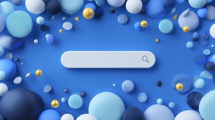 Minimal abstract background for online shopping e-commerce concept. Search bar surrounded with floating elements on blue background. 3d vector illustration