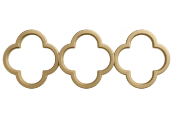 Three elegant gold quatrefoil shapes isolated on transparent background, decorative