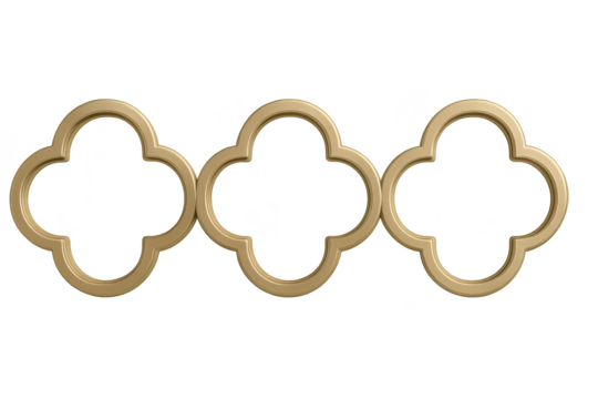 Three elegant gold quatrefoil shapes isolated on transparent background, decorative