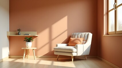 A 3D rendering of a minimalist home interior with an armchair against an empty orange wall.