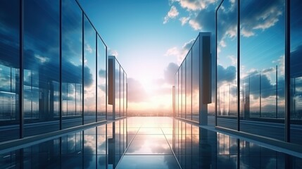 Modern office building or business center. High-rise window buildings made of glass reflect the clouds and the sunlight. empty street outside  wall modernity civilization. growing up business