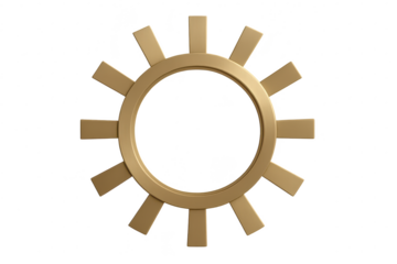 Golden sun gear icon with twelve rays, isolated on transparent background, 3D render.