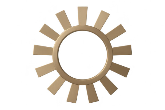 Elegant golden metallic spoked circle isolated on transparent background, modern design.