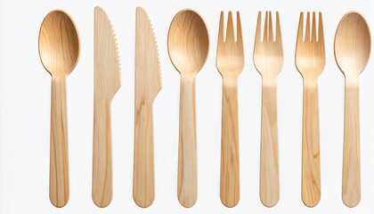 Set of wooden cutlery including spoons, knives, forks, and sporks, arranged in a row with smooth light wood finish and visible grain, isolated on white background.
