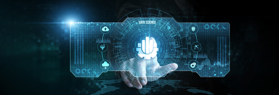 Businessman touching the data science icon on the digital screen analyzing data. predictive analytics, machine learning algorithms, big data visualization, data-driven insights, AI-powered forecasting