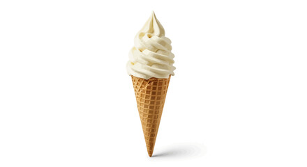 A single vanilla soft serve ice cream cone stands upright against a white background.