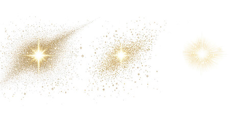 Abstract Golden Glitter Particles And Light Bursts sparkle dust isolated on a transparent background