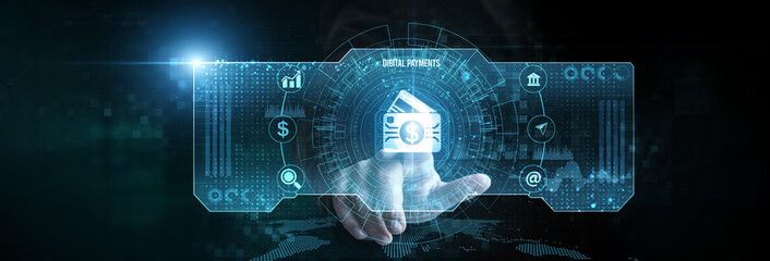 Businessman touching the digital payments icon on the digital screen analyzing data. secure transactions, payment gateways, mobile wallets, cryptocurrency integration, real-time settlements