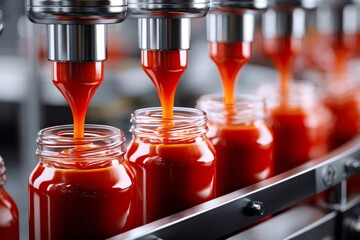 Automated machine pouring tomato sauce or ketchup into glass jars in food processing plant