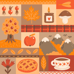 Cute autumn abstract seamless pattern in patchwork style. Vector bright texture with seasonal symbols. Hand-drawn illustration. Template for wrapping paper or textile.