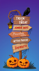 Halloween wooden sign board, scary signage. Cartoon vector spooky wood signpost with eerie text directions, decorated with a crow, cobwebs, lantern, and jack lanterns against a dark purple background