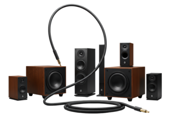 Sleek matte black, dark grey & wood audio speakers and subwoofers with coiled cable, 45-degree studio shot, precise details on clean grey background, luxury audio equipment concept