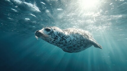 Spotted seal swimming gracefully underwater with sunlight filtering through crystal clear blue ocean water creating peaceful marine wildlife scene