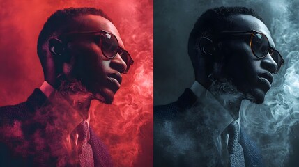 Stylish man in suit and sunglasses with dramatic lighting,cinematic portrait. Concept : Fashion photography, cinematic portrait, dramatic lighting, creative editing, modern style