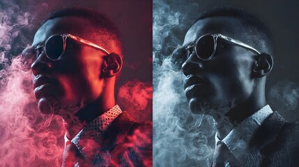 Stylish man in suit and sunglasses with dramatic lighting,cinematic portrait. Concept : Fashion photography, cinematic portrait, dramatic lighting, creative editing, modern style