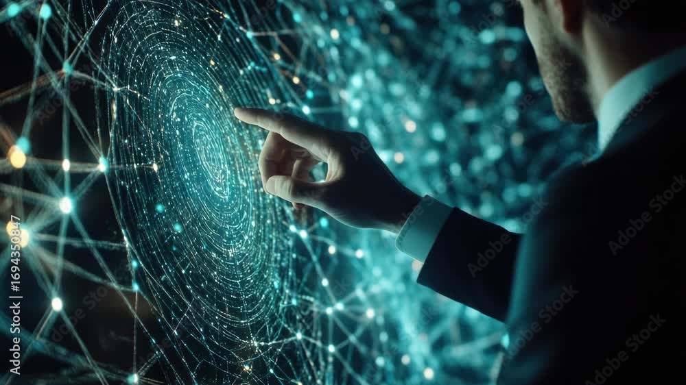 Poster man in suit using futuristic interface to navigate advanced digital space.